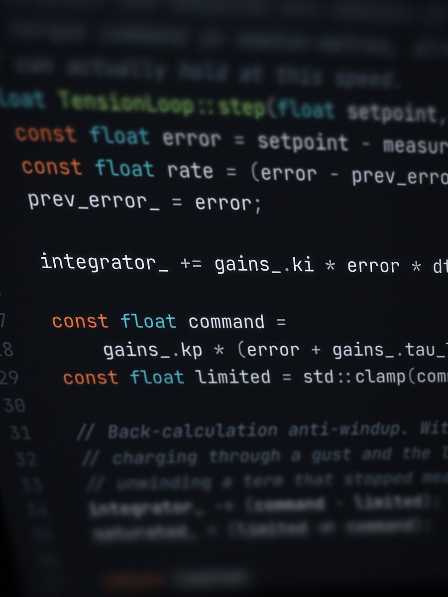 A close-up of a screen showing syntax-highlighted C++ control code in an editor